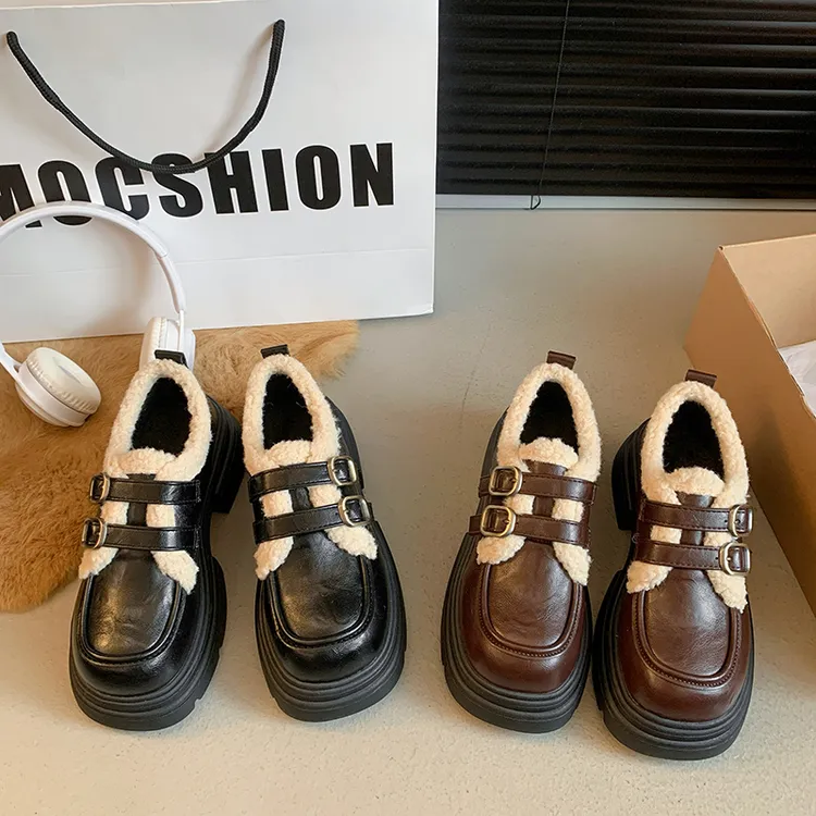 厚底乐福鞋女2025新款秋冬加绒单鞋子百搭毛毛棉鞋增高黑色小皮鞋