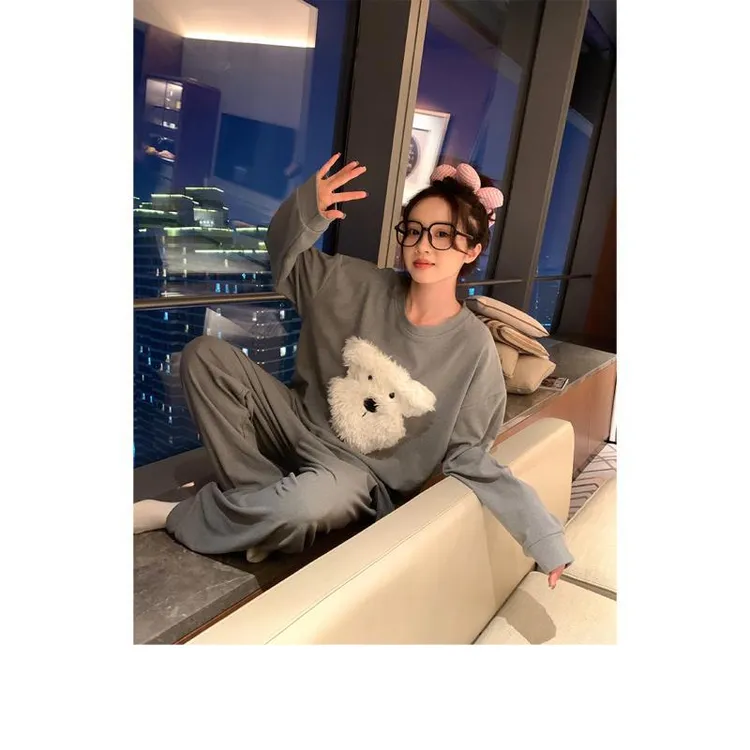 可爱毛绒小狗睡衣女秋冬季圆领长袖德绒舒适家居服套装501