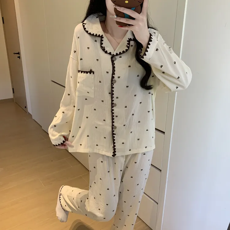 Meng luan/梦鸾新款卡通小熊翻领长袖睡衣女士春秋季可外穿家居服