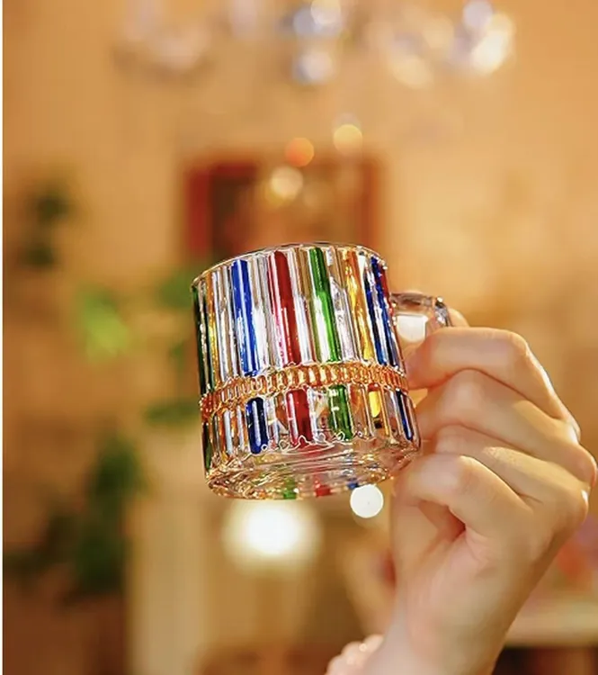 【单只装】轻奢人工手绘水晶大号条纹杯家用喝水杯高颜值带把手水杯