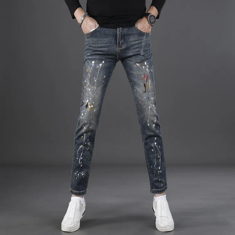 高级感泼墨牛仔裤男款爆款2025新款秋冬款修身小脚弹力休闲九分裤