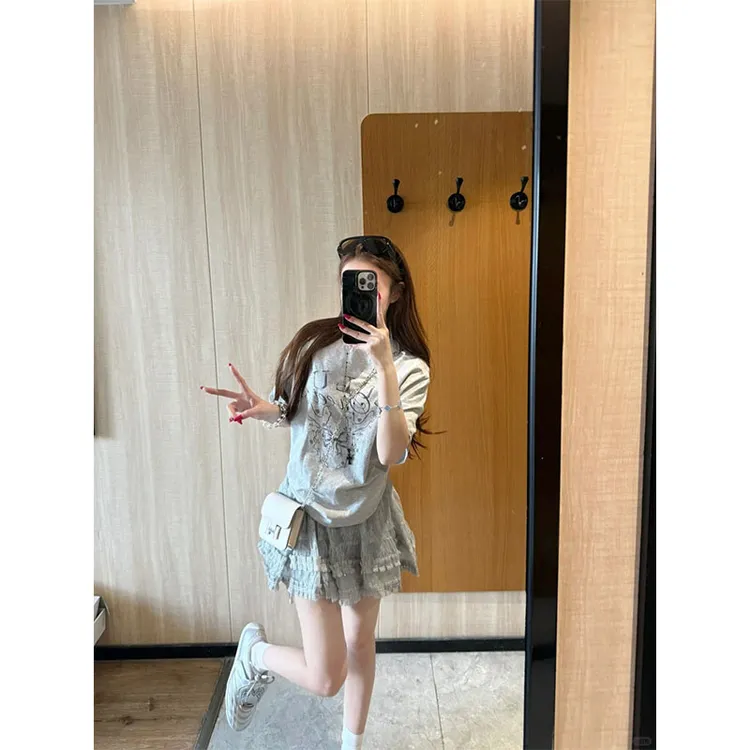 夏季新款修身显瘦小众设计感简约风正肩T恤短袖上衣时尚半身裙女