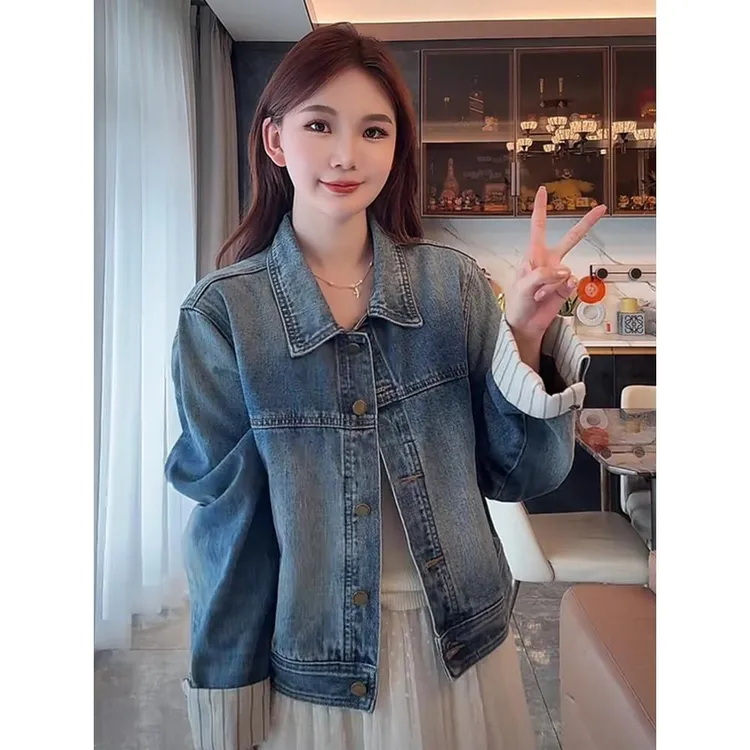 韩里韩气的蓝色翻领牛仔外套女早秋季穿搭巨好看宽松开衫长袖上衣