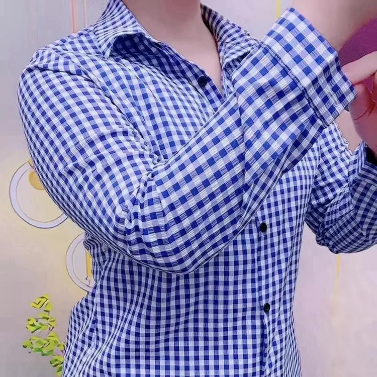 春秋长袖女士衬衫休闲百搭格子韩版修身雪纺衬衣中年妈妈装打底衫