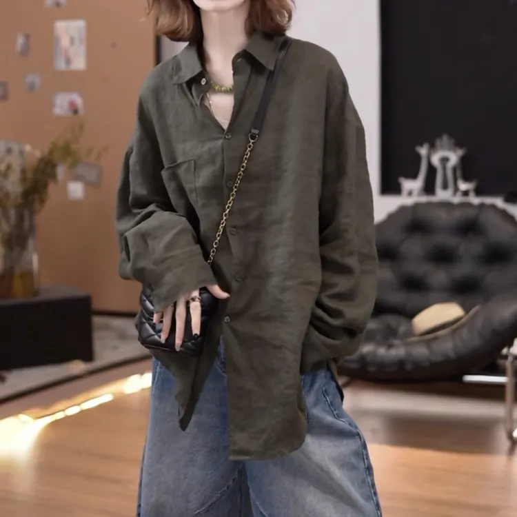 廓形宽松纯色衬衫女2025春秋新款简约休闲中长款亚麻开衫长袖上衣
