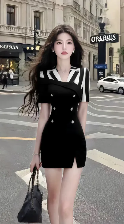 新款温柔知性风黑色V领收腰修身包臀连衣裙女时尚显瘦高级氛围感
