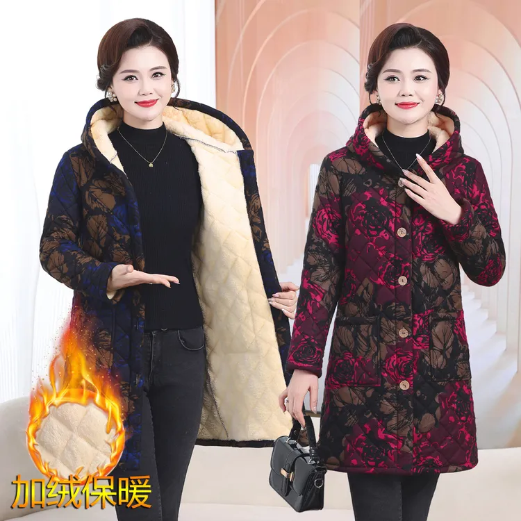 中老年女装冬季加绒中长款棉衣宽松连帽棉服复古印花加厚保暖棉袄