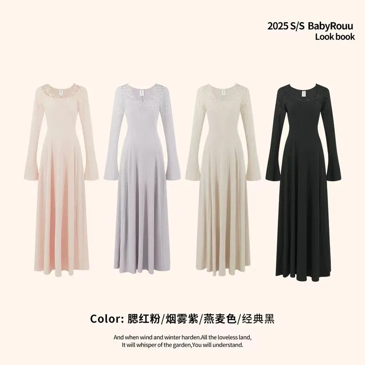 【馥白手信】温与柔冬日气质法式拼接蕾丝高腰显瘦长款长袖连衣裙