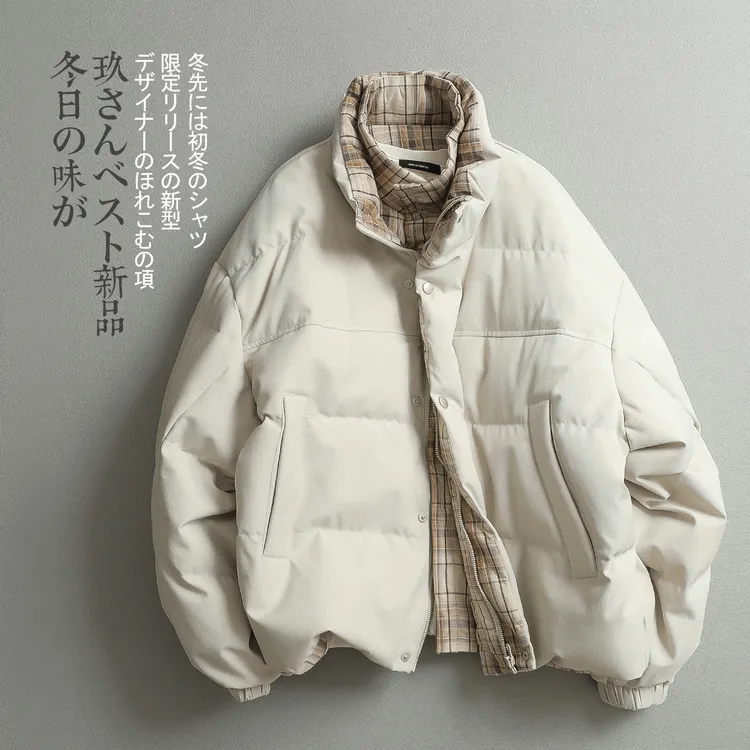 见川「假两件」冬季结构设计 复古vintage英伦格子 面包服羽绒服