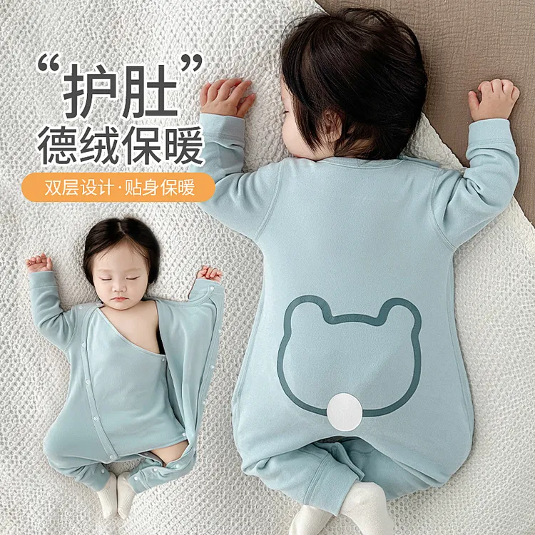 婴儿德绒连体衣服秋冬款小月龄宝宝贴身保暖护肚冬季长袖打底睡衣