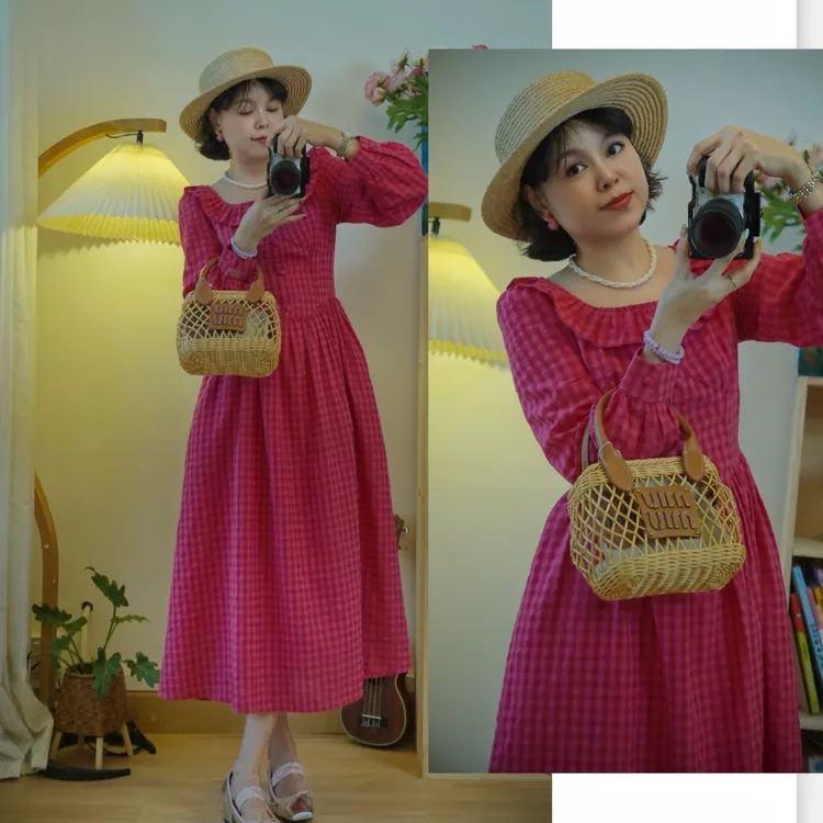 （树莓果）法式火龙色格子方格复古长袖连衣裙女气质收腰显瘦长裙子