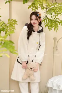 秋冬季新款三层夹棉特厚毛绒睡衣女甜美女士保暖连帽家居服加厚