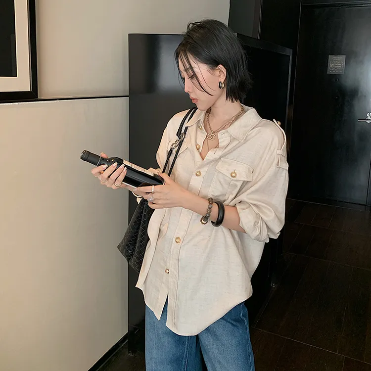 十三粥私服 老钱秘境 莱赛尔亚麻极简休闲衬衫女宽松显瘦SC0064