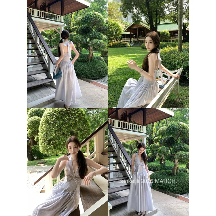 轻奢网红款人间梦露 鱼骨鱼骨束型挂脖连衣裙女夏v领法式吊带长裙