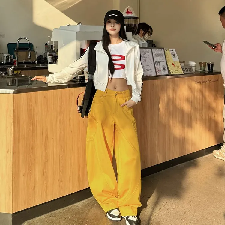  2025年字母刺绣春季美式复古立裁拼接3色宽松阔腿弯刀牛仔裤子