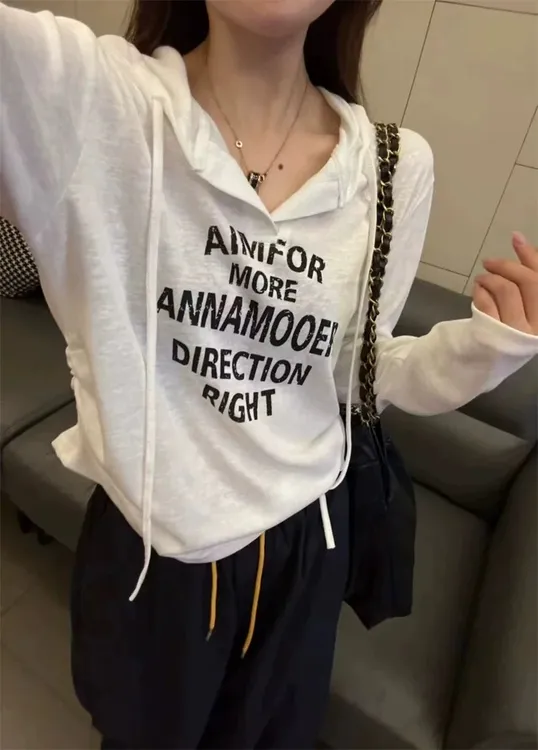 新款爆款长袖卫衣带帽百搭字母重工印花T恤小众网红出游服装女