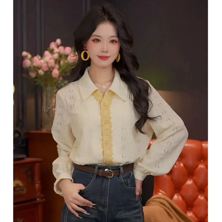 温柔风镂空蕾丝polo领衬衫女2025秋季宽松减龄显瘦高级感杏色上衣