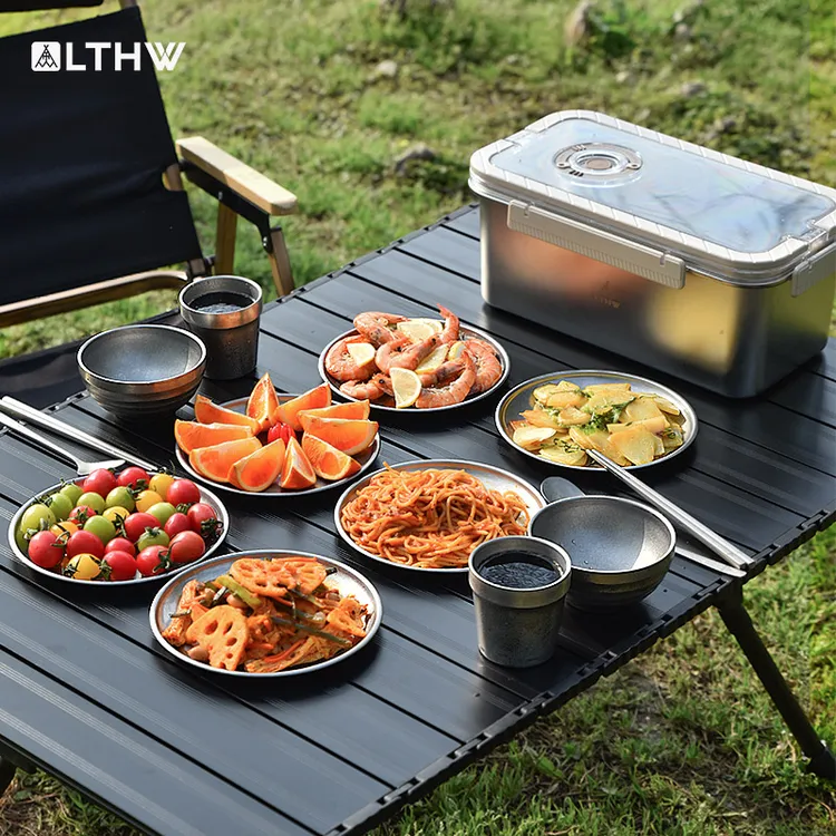 LTHW旅腾户外露营野餐自驾便携餐具套含碗筷盘子双层水杯碟复古款
