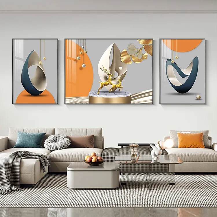 轻奢风客厅装饰画沙发背景墙挂画高档大气三联画银杏叶抽象壁画