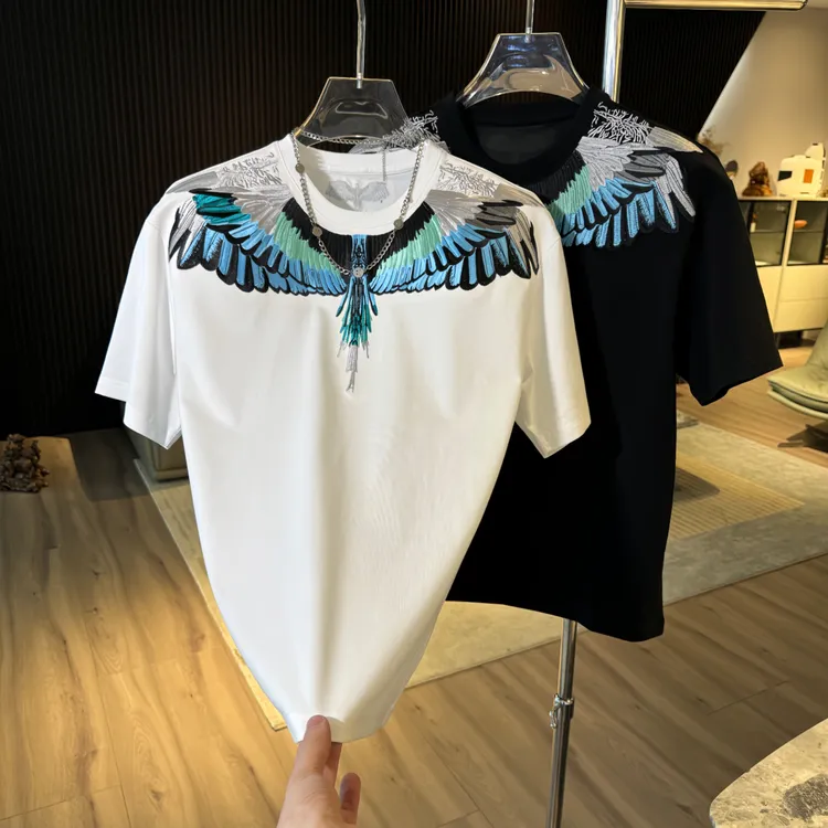 2025新款痞帅重工翅膀刺绣宽松圆领短袖T恤男士时尚百搭休闲潮衣