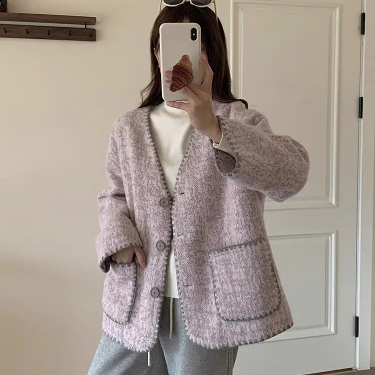 秋冬新款气质女装法式小香风高级感v领慵懒风休闲羊毛呢外套上衣