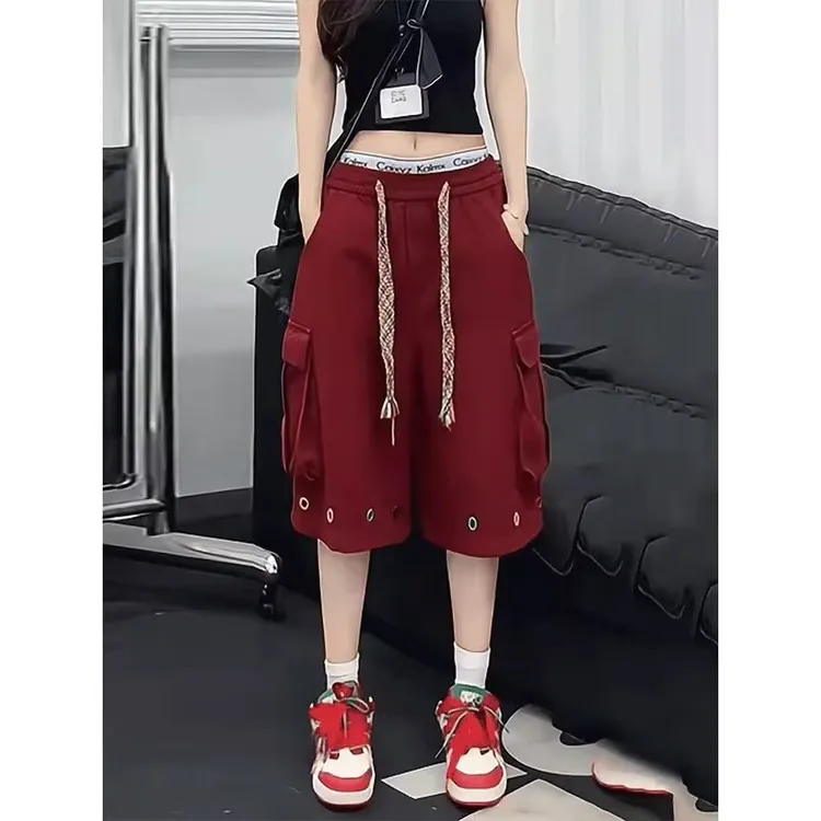 美式高街工装裤女夏季宽松显瘦多口袋休闲短裤小众设计感抽绳裤子