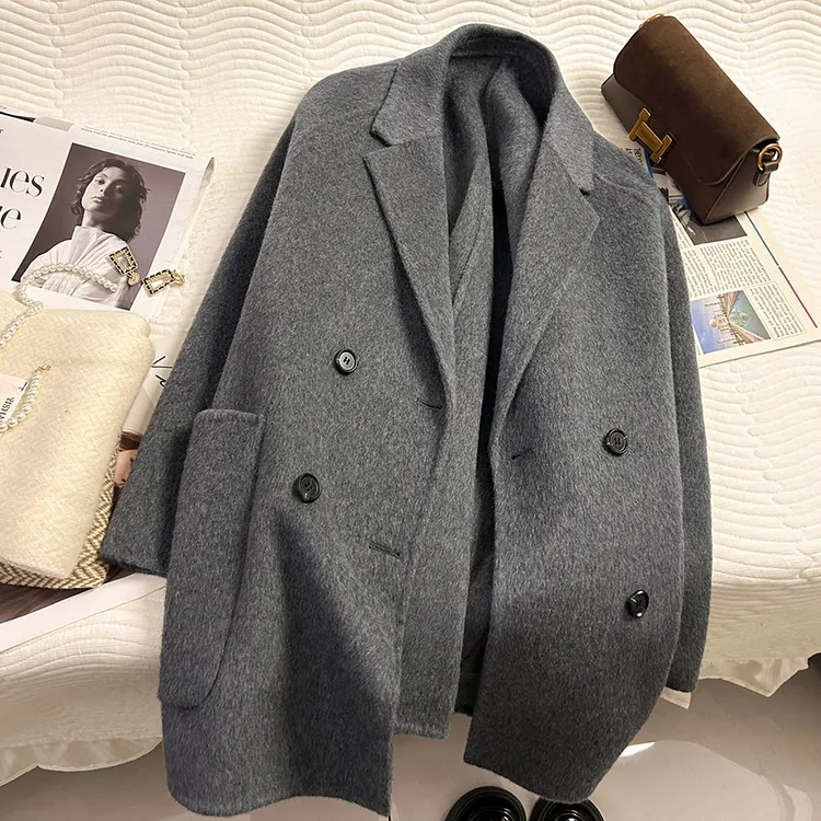 灰色羊绒双面呢外套女时尚秋冬装新款韩版中长款宽松羊毛呢子大衣