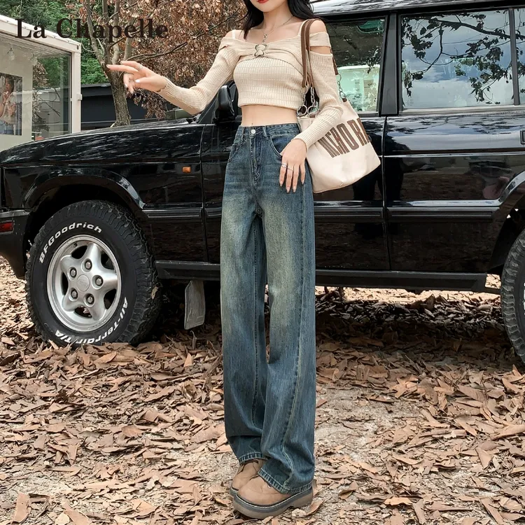 拉夏贝尔复古蓝窄版直筒牛仔裤女秋高腰显瘦简约百搭高个子阔腿裤