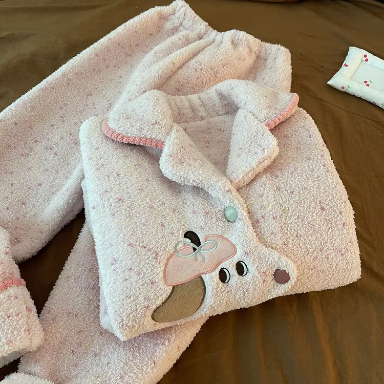 NEXT半边绒睡衣女新款冬季加厚保暖可爱红色小狗珊瑚绒家居服套装