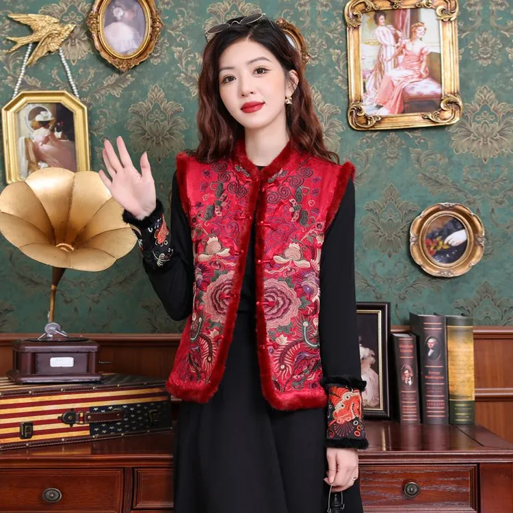 新中式冬装复古国风重工刺绣花开富贵爆款马甲民族风背心洋气坎肩