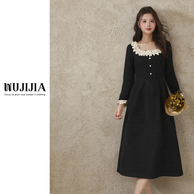 【五季家大码】秋冬法式名媛气质高级感加厚收腰黑色连衣裙ZL114701