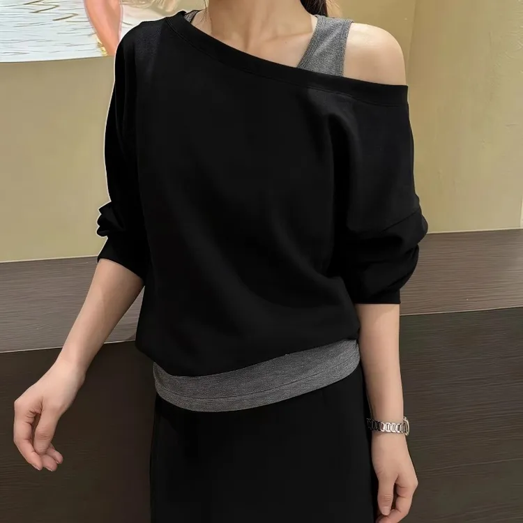 设计假两件露肩长袖卫衣女秋季新款胖MM大码女装韩版气质显瘦上衣