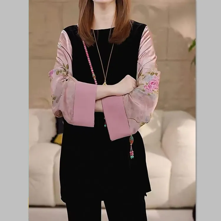 2025秋冬新中式国风年轻款粉色人丝提花拼接丝绒衬衫女减龄小上衣