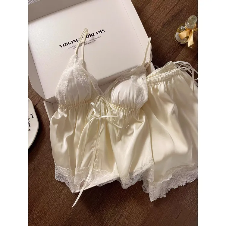 法式纯欲风蕾丝花边带胸垫吊带睡衣女夏季新款性感冰丝家居服套装