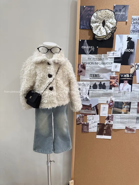 小粉象 ·女童2025冬季新款韩版洋气毛毛外套加绒牛仔喇叭裤套装