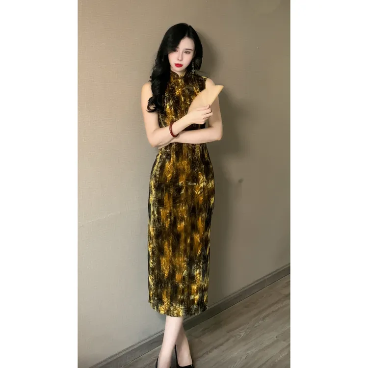 【如意】玉簪记早秋新款低领印花国风显瘦气质弹力旗袍连衣裙