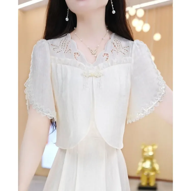 淑女气质飘逸短袖连衣裙时尚洋气设计感收腰显瘦裙子2025夏季新款