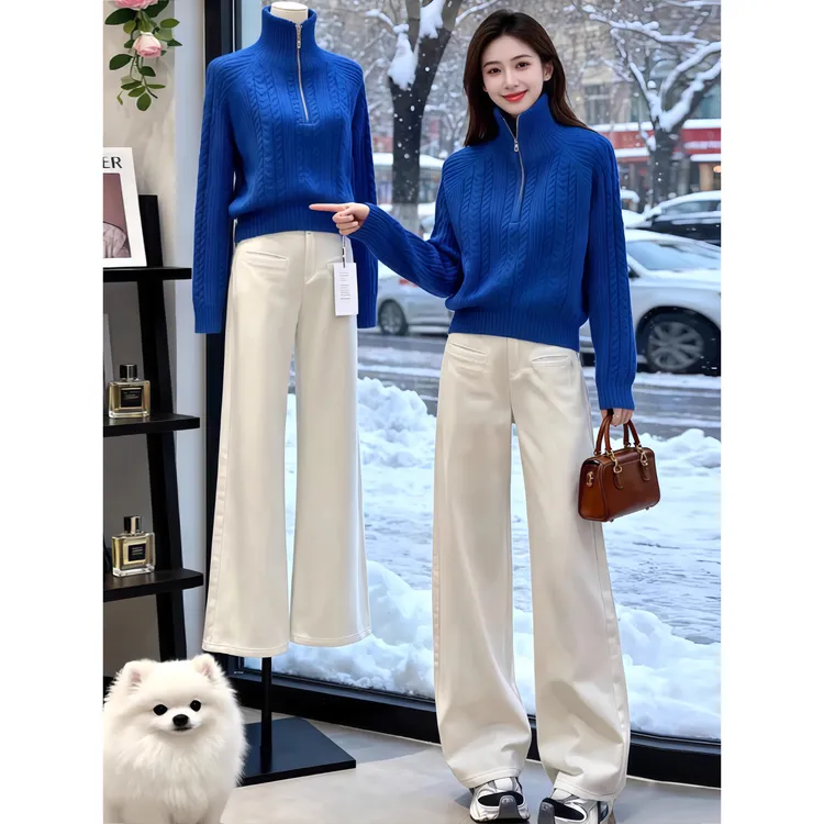 巨好看的冬装一整套女装韩版高领半拉链针织衫直筒休闲裤两件套装