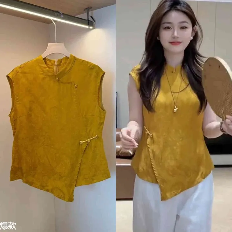 新中式国风衬衫女2025新款夏季高级感气质名媛无袖不规则背心上衣