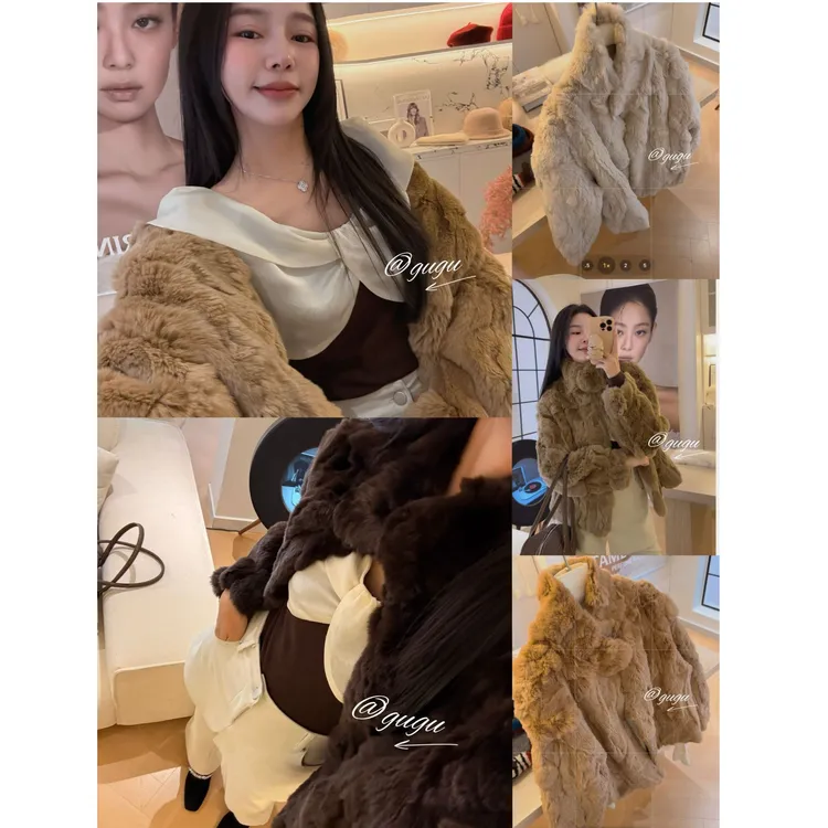 【古古】【獭兔】真毛花雕100兔毛短款保暖千金风外套 G625664