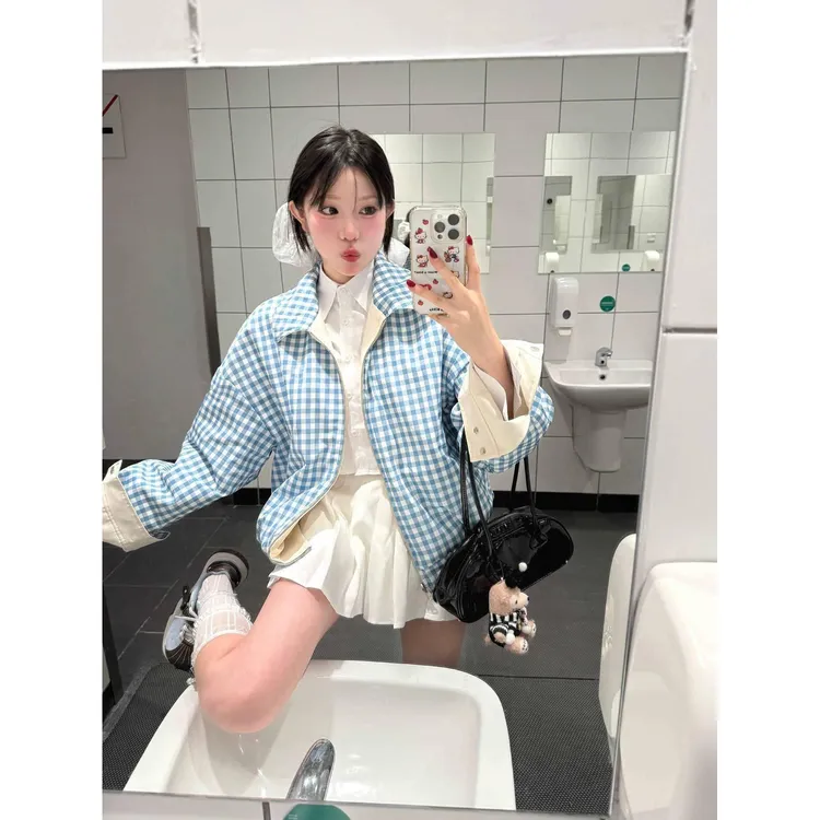 2024美式复古格子两面穿百搭外套女春秋款宽2025上衣秋季