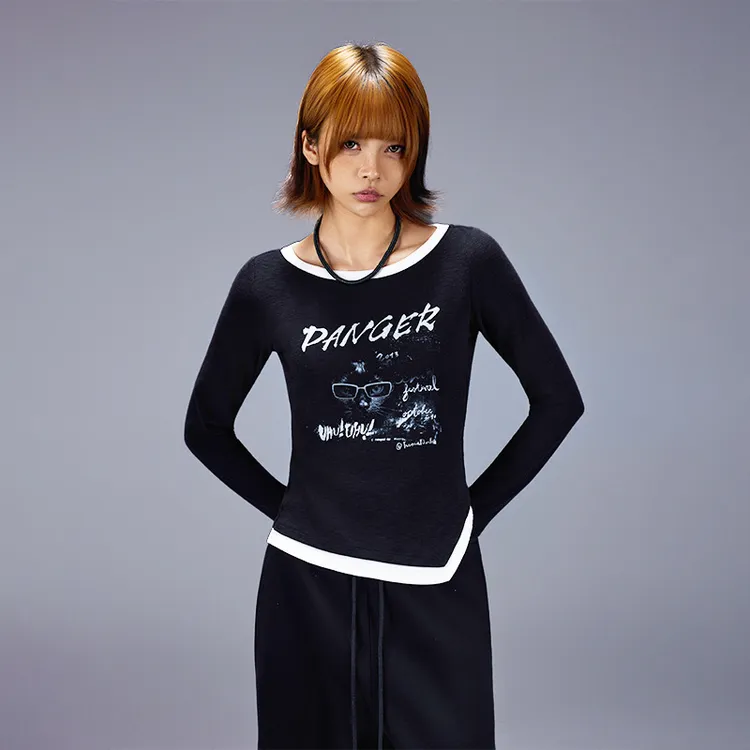 拓谷甜酷风假两件打底衫女辣妹修身显瘦圆领正肩长袖上衣D52920