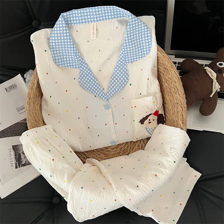 甜美软fufu睡衣少女春秋长袖卡通刺绣大码亲肤柔软两件套装家居服