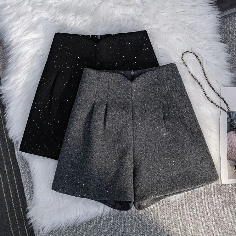 高级感小香风亮闪闪毛呢短裤秋冬新款高腰显瘦气质A字花苞阔腿裤