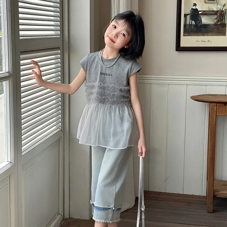 女童夏季套装2025新款洋气大童网纱拼接短袖t恤装儿童牛仔七分裤