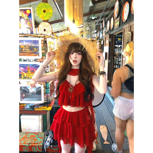 南理香海蒂的假日 夏日海边穿搭雪纺两件套套装女夏吊带上衣短裙