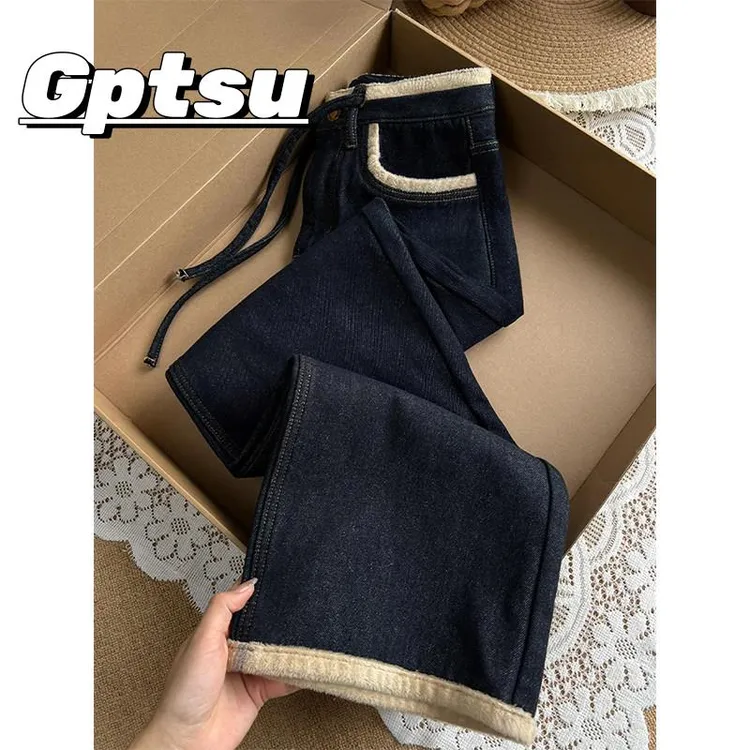 GPTSu加绒加厚深蓝色直筒牛仔裤女秋冬季胖mm高腰宽松显瘦阔腿裤
