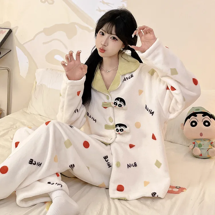 法兰绒睡衣女冬季加厚加绒珊瑚绒卡通少女保暖套装新款学生家居服