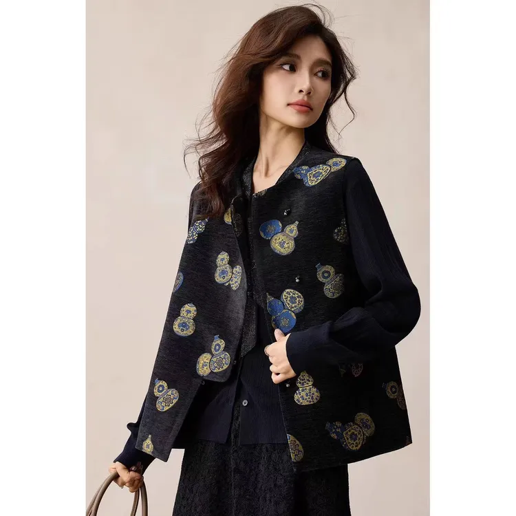 新款新中式国风雪尼尔复古上衣时尚秋冬坎肩外穿加棉马甲外套绝美