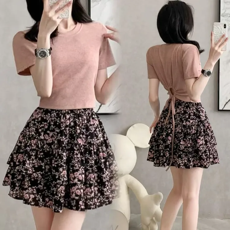 2025夏季新款套装洋气显瘦遮肉上衣+碎花半身裙气质两件套